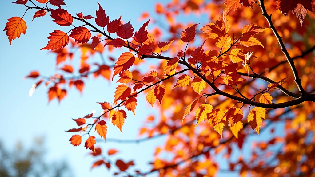 Vibrant autumn foliage with golden and crimson leaves on tree branches against blue sky, natural seasonal colors