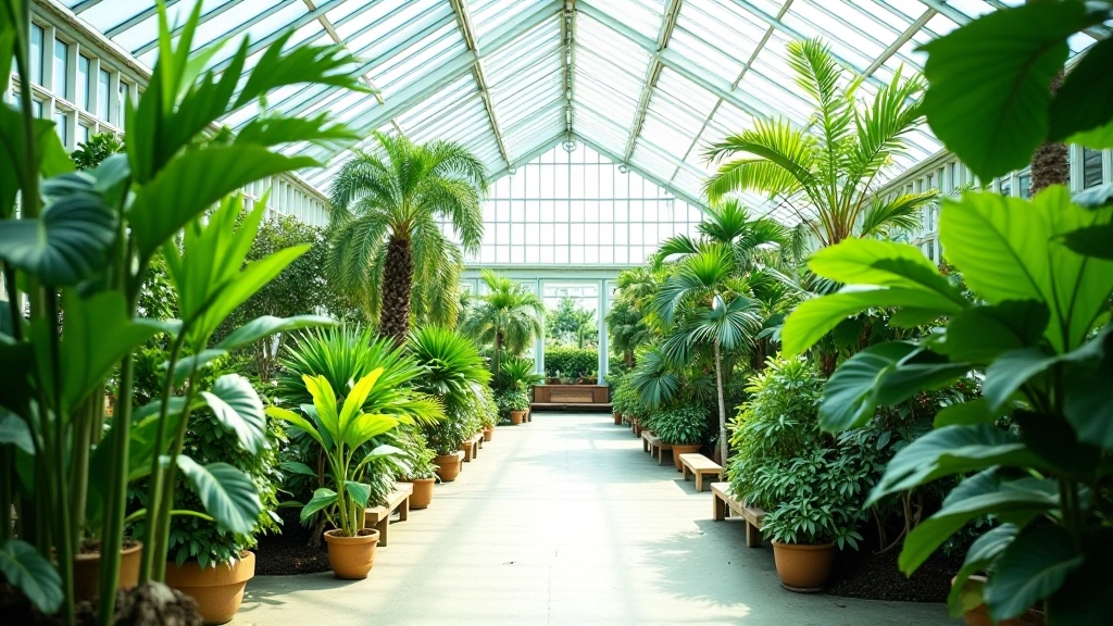 Lush green glasshouse interior with multiple plant species, winding path, benches for resting, natural light filtering through glass panels, serene botanical environment