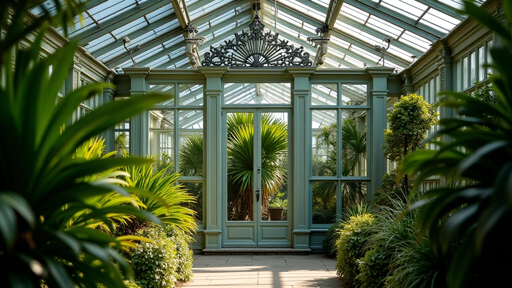 Historic Victorian glasshouse with ornate glass panels and palm fronds visible inside, morning light streaming through