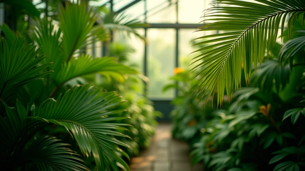 Botanical detail of various tropical plants thriving in Palm House, showing vibrant green fronds and diverse plant species in warm humid environment
