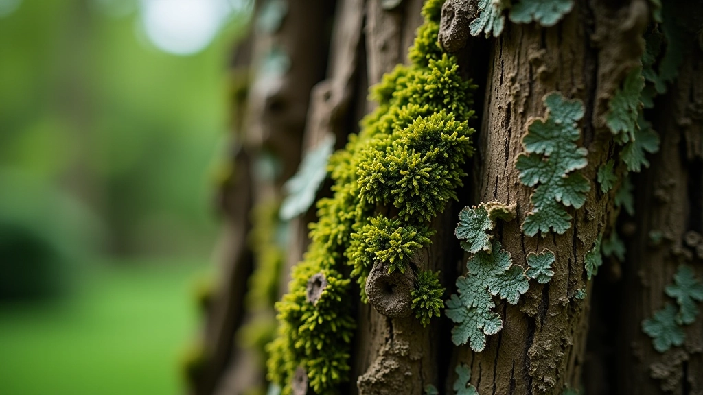 Detailed close-up of ancient tree bark with moss and lichen, textured weathered surface showing age and natural patterns