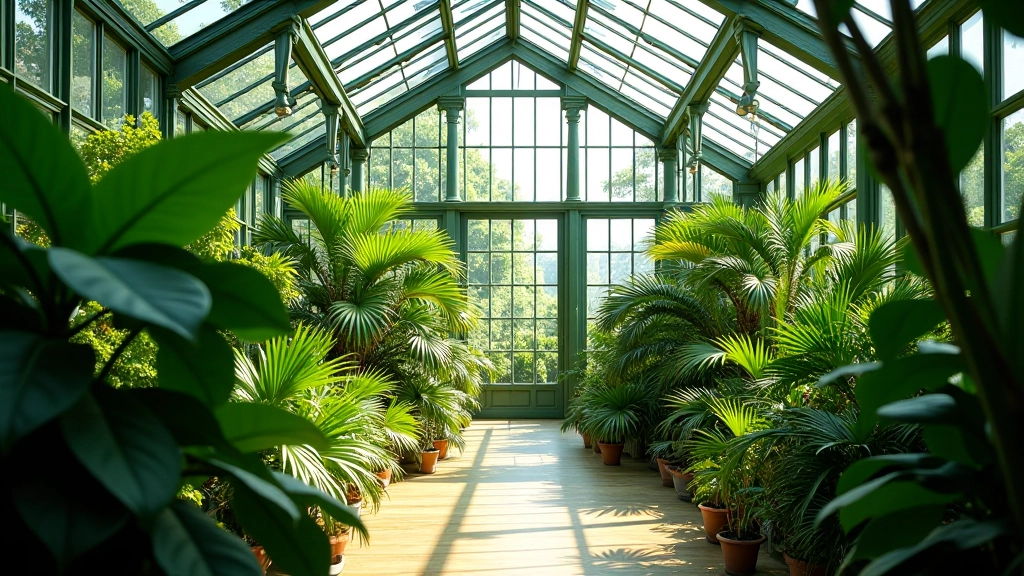 Victorian glasshouse interior with tropical plants and natural light
