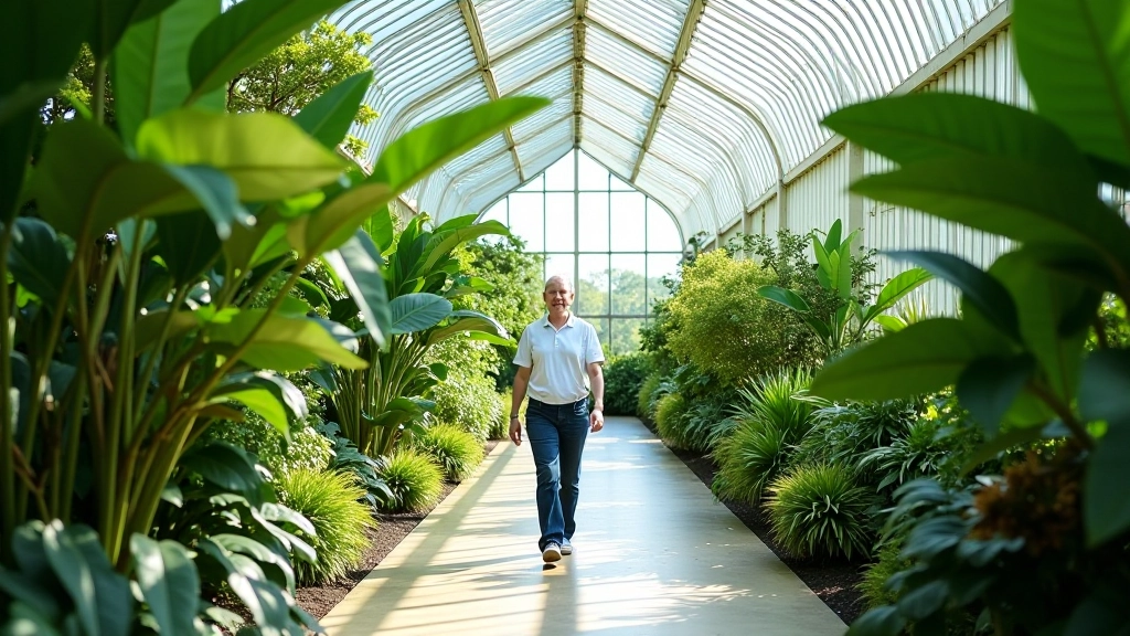 Interior of Victorian glasshouse with ornate metal framework, tropical plants lining both sides, dappled light filtering through glass roof, peaceful visitor walking path