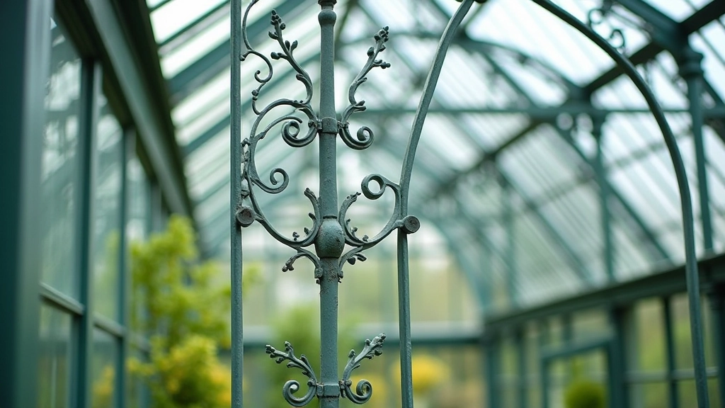 Detailed view of Victorian wrought iron framework and glass panels, showing intricate metalwork patterns and curved glass roof sections, architectural detail photography