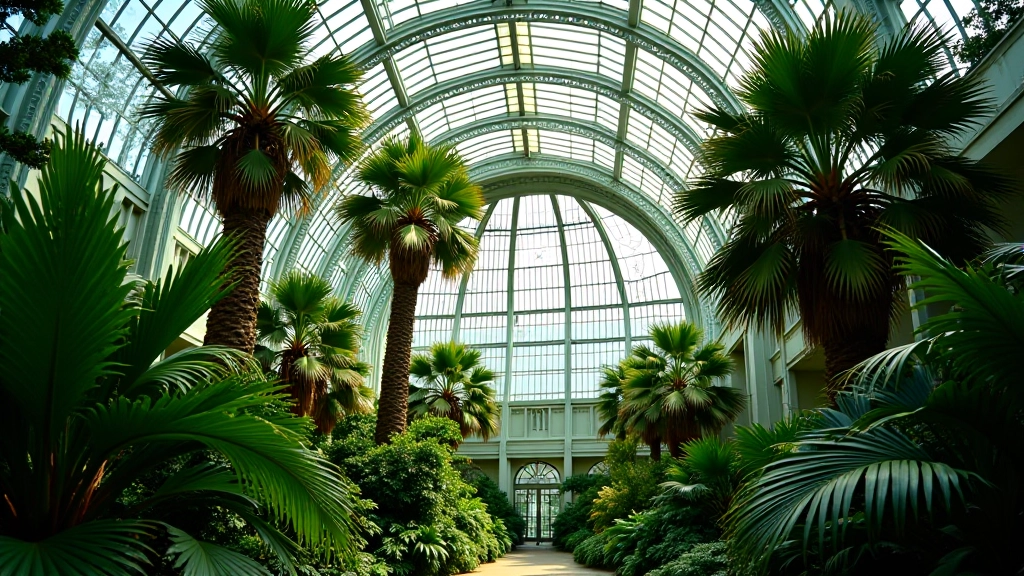 Interior view of Palm House showing tall palm trees beneath curved glass roof, iron support beams creating geometric patterns, tropical plants thriving in warm humid conditions