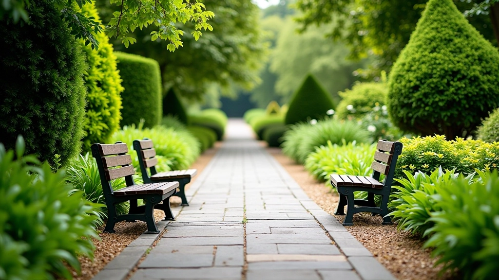 Paved garden path winding through green spaces with accessible resting benches positioned along the route