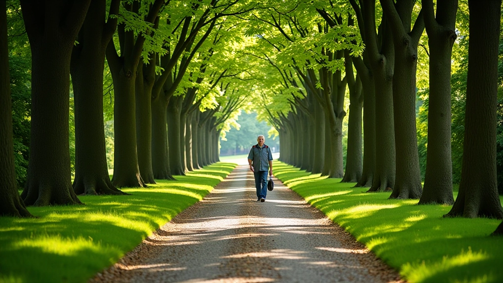 Winding gravel path through arboretum with tall trees on both sides and dappled shade overhead