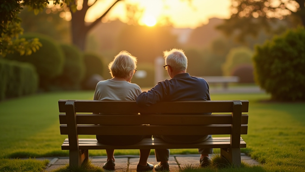 Mature couple sitting together on wooden bench in garden setting with trees in background