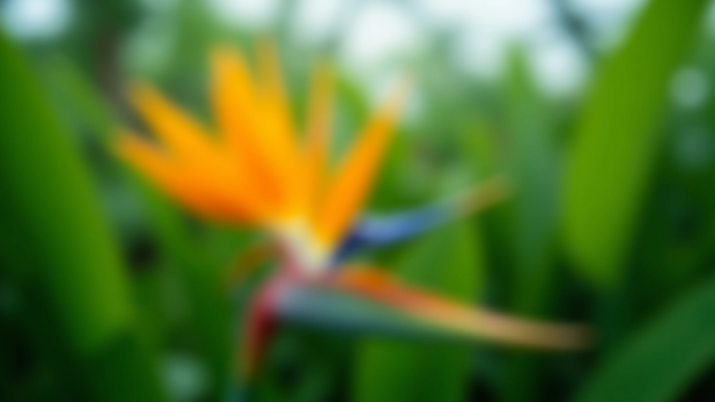 Strelitzia Bird of Paradise flower with distinctive orange and blue petals, tropical glasshouse environment, vibrant color against green foliage, sharp detail of exotic bloom