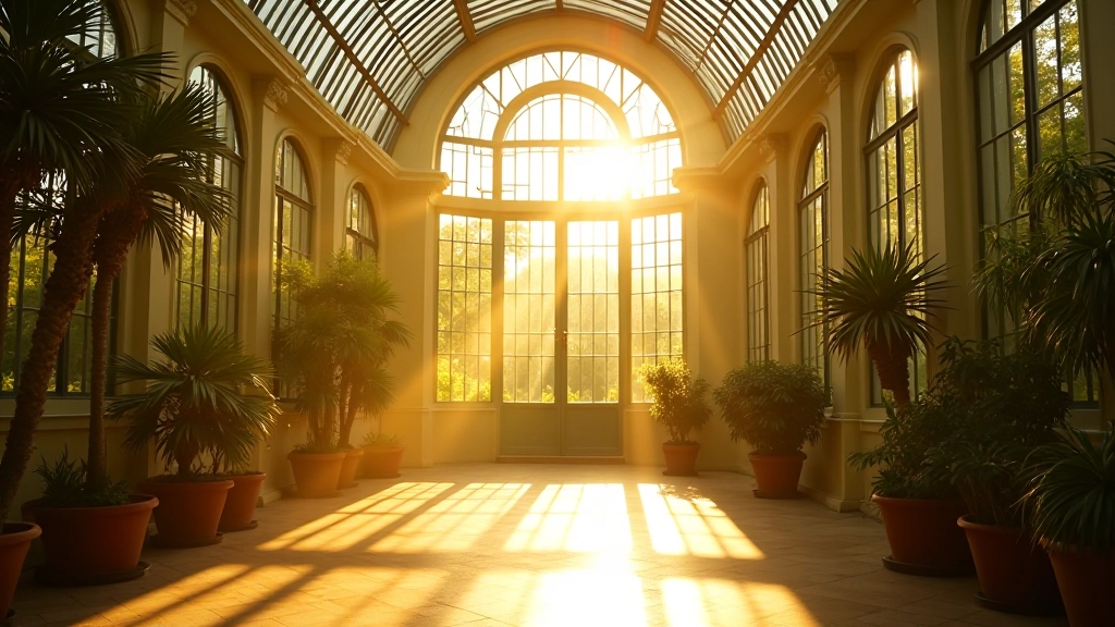 Sunlight filtering through Victorian glasshouse panes, creating geometric patterns on the ground inside the Palm House