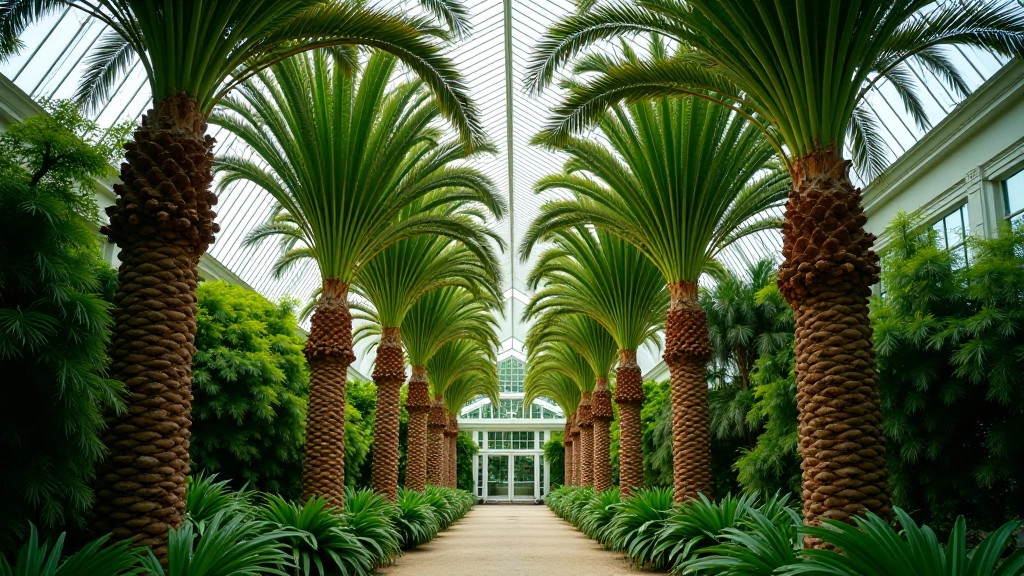 Tall Canary Island Date Palm with massive fronds unfurling upward in glasshouse, lush green foliage, natural diffused light from glass roof, peaceful garden setting