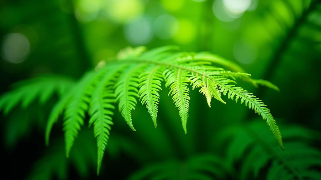 Delicate fern fronds with intricate patterns, moist glasshouse environment, soft dappled light creating shadows on feathery leaves, peaceful botanical setting