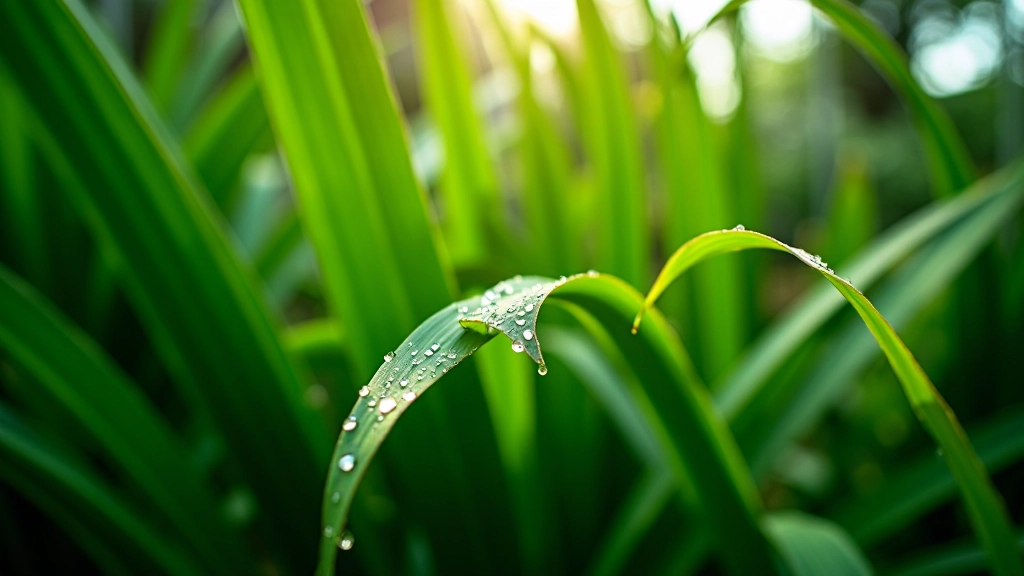 Close-up of tropical palm leaves with water droplets, showing vibrant green fronds inside humid glasshouse