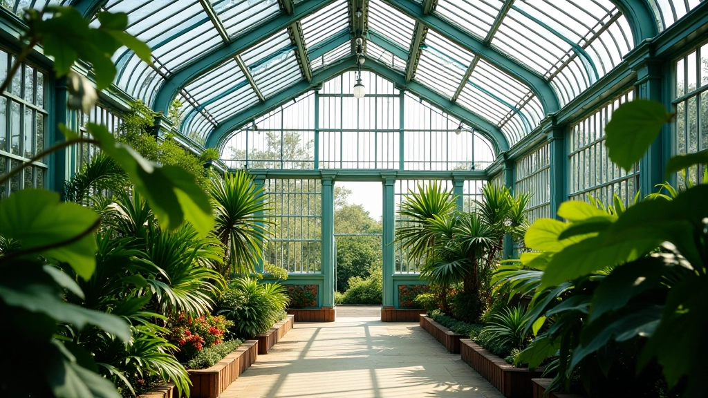Sunlight filtering through ornate Victorian glass panels with green foliage visible inside a historic glasshouse