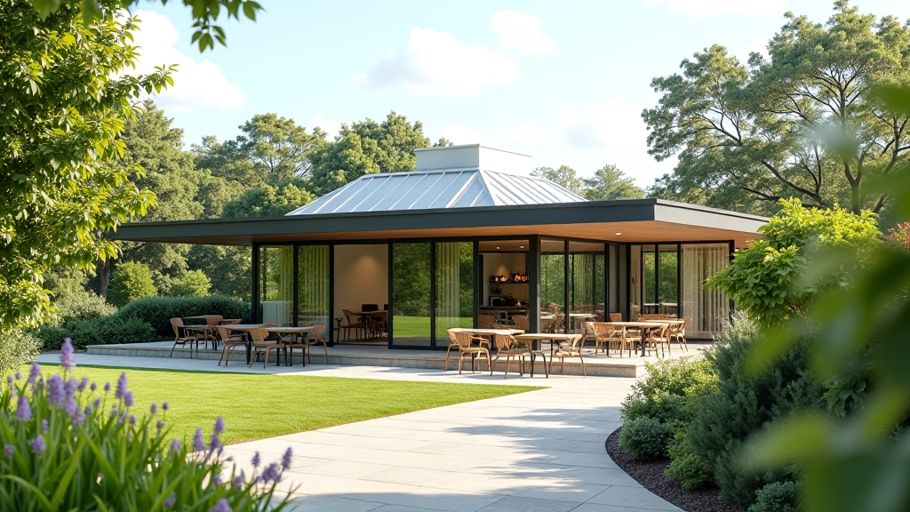 Visitor center building with café seating area visible, modern architecture set within the gardens