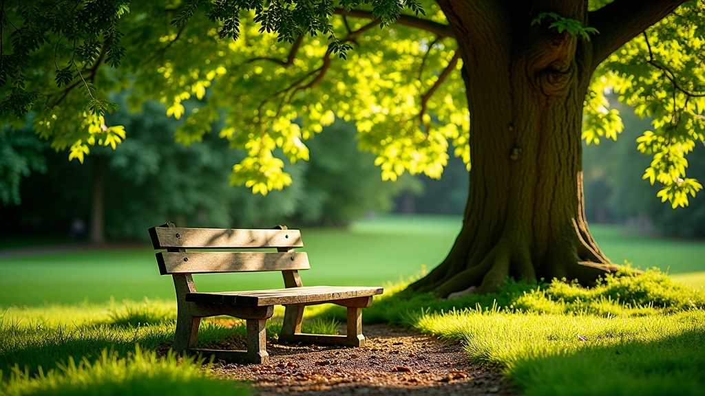 Peaceful garden bench nestled beneath spreading oak tree with dappled sunlight and lush green foliage